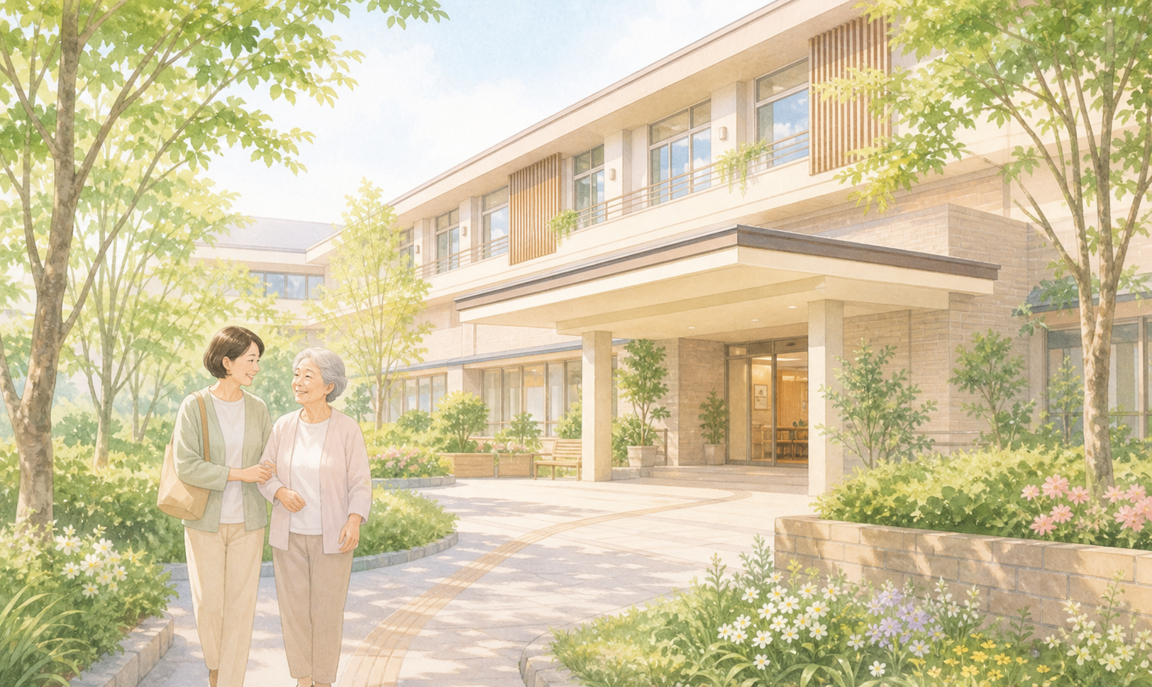 やわらかな雰囲気の介護施設の外観イラスト
