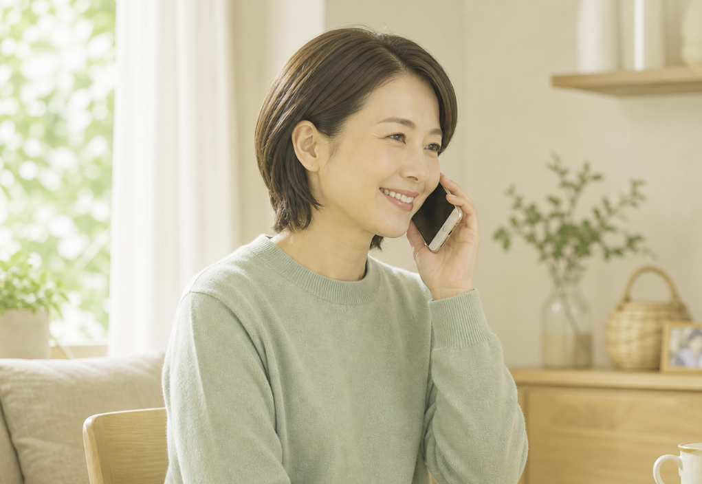 やわらかな表情で電話相談をしているイメージ